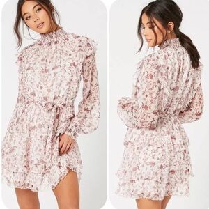 MINKPINK Melanie Dress Womens Medium Floral Chiffon Ruffle Long Sleeve EUC